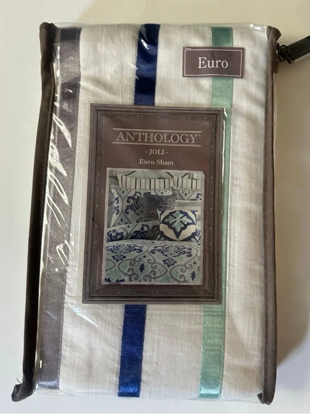 NWT Soft Cotton Jolie European Pillow Shams – Blue, Mint & Grey Stripes Set of 2